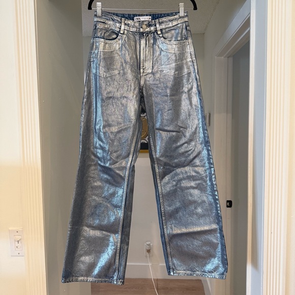 Zara Z1975 Mid Rise Straight Cut Metallic Jeans Sz 2 Eras Tour Festival Concert - Picture 3 of 11